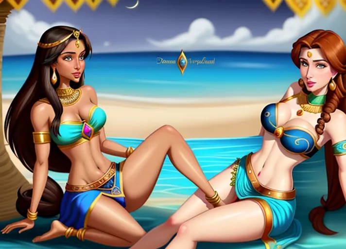tan skinned black haired Arabic Princess Jasmine of Agrabah teaches her friend the beautiful Nordic auburn haired Queen Anna of Arendelle portrayed by Elizabeth Lail how to belly dance. photorealistic. <lora:dpmg_snake_coiling:1>
