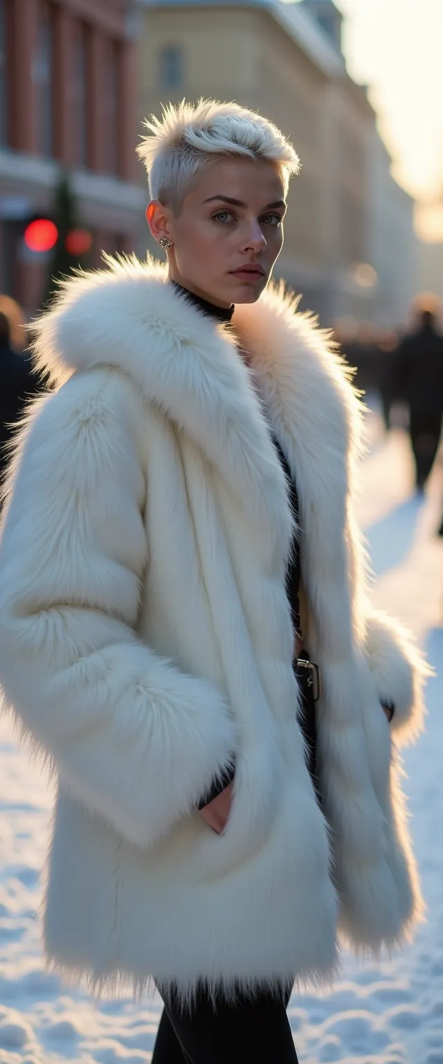 25 years old Finnish woman with a short punk-inspired platinum blonde haircut, She is Naked except for a white arctic fox fur coat with The long furs of the coat enhancing the visual appeal, adding a touch of allure to the overall composition, walking in snowy downtown Helsinki, golden hour , bokeh, canon 50 mm, f:1.2 side front view ,darker face