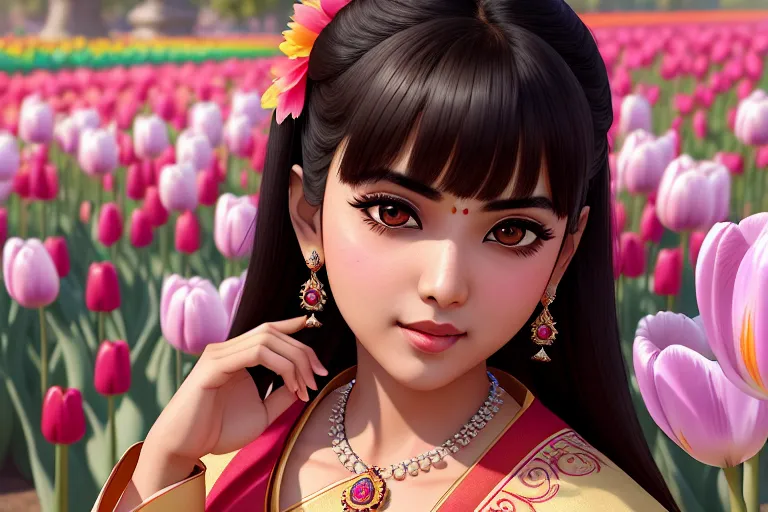 a digital painting of,an indian girl,wearing hanbok,standing,in a tulip garden,big breasts,five slender fingers,bangs hairstyle,gorgeous face,beautiful lips,detailed large eyes,curved eyebrows,curved eyelid,smooth skin,satisfaction,wearing necklace,8k,cgsociety,unreal engine,studio lighting,highly detailed