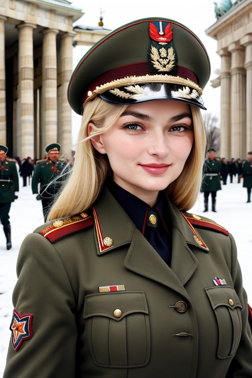 20, ww2 soviet army uniform, sniper, ((roza shanina)), at brandenburg gate, blonde, oval face, hazel eyes, smiling, puffy cheeks