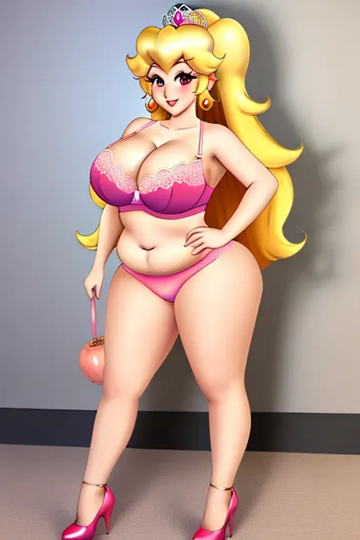 high quality, princess peach, huge eyes, big hips, thick thighs, big waist, makeup, flowing hair, pushup bra