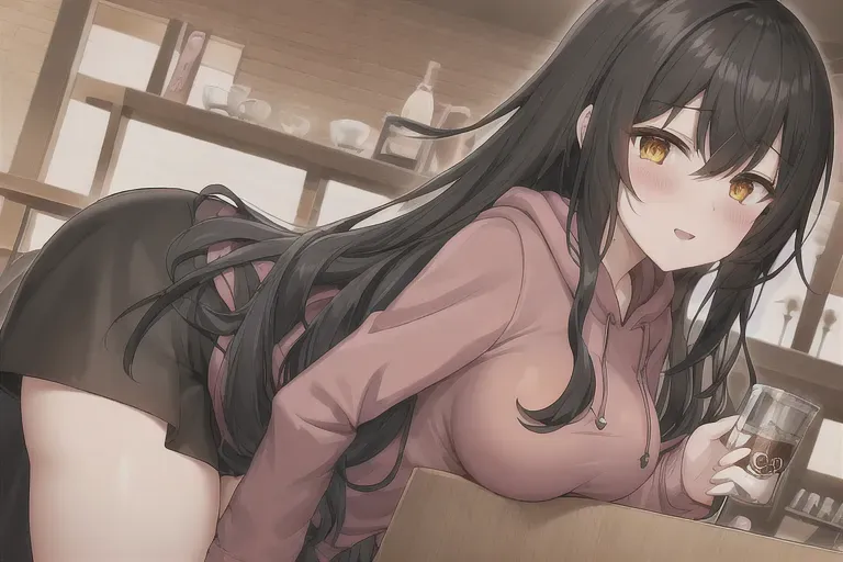 Hentai art of two girls having sex in coffee shop. First has black long curly brown hair,pink hoodie,black skirt very cute.Second has long black hair,orange hoodie,black shorts,cute small boobs
