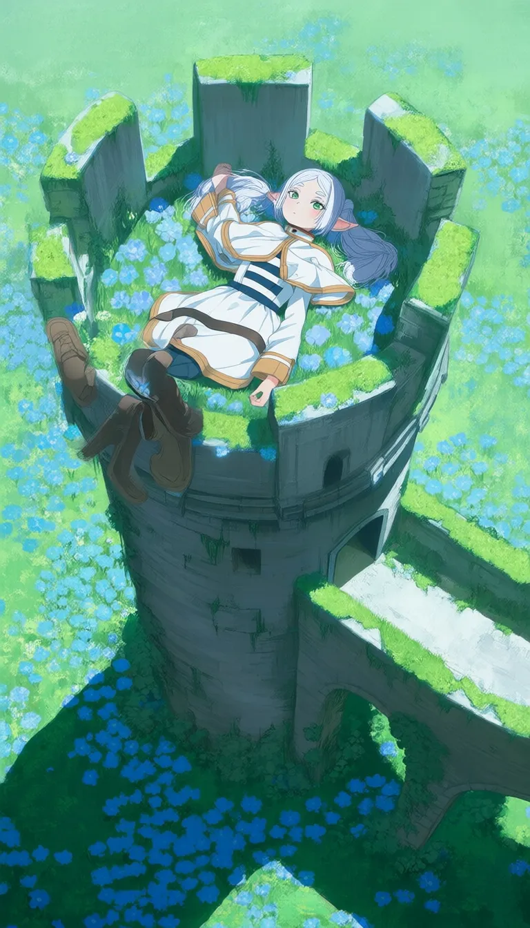 frieren, laying in a flower field on top of an overgrown castle tower, elf, green eyes, white hair, twintails, striped clothes, white capelet, full body, blue flowers, outdoors, sunlight, viewed from above