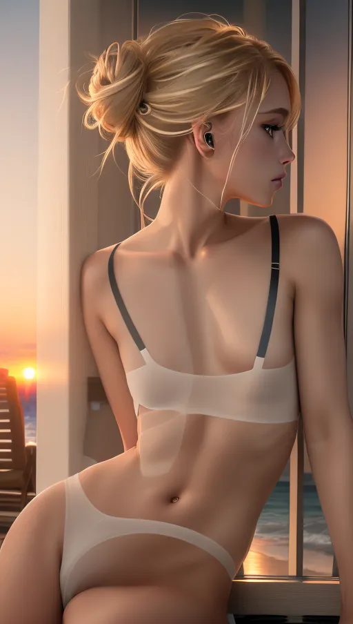 8k resolution, masterpiece, hyper realism, beautiful realistic face, light complexion, ((Petite slim body)), ((small breast)), (skinny) Blonde girl, hair in messy bun, dark makeup, sunset, perfect lighting, beach background, sexy, full body view, topless, bikini bottoms, wet, (fish eye lens)