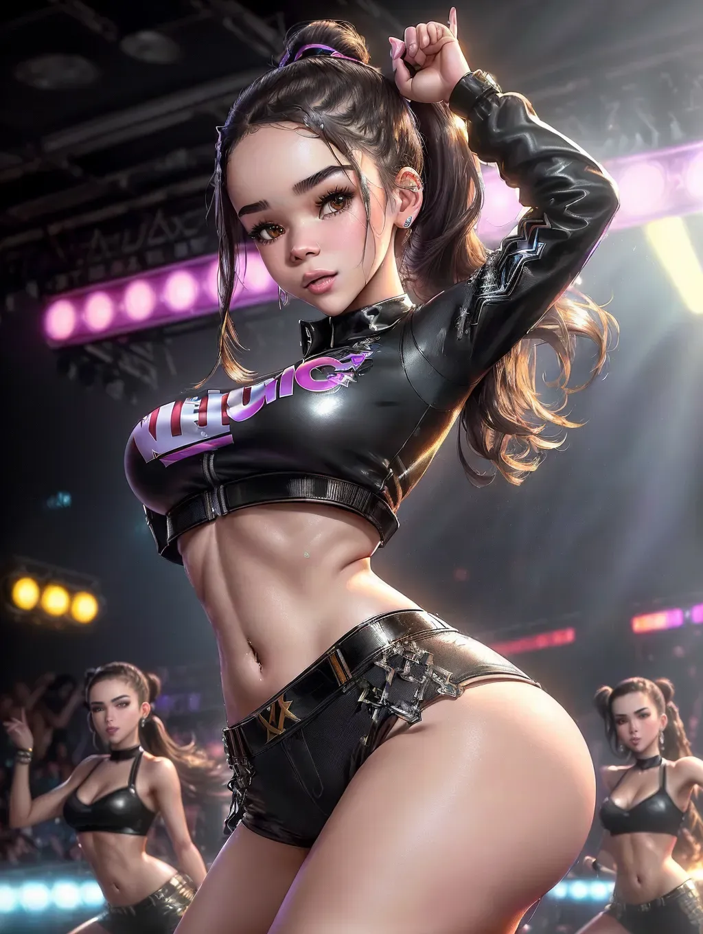 (realistic HD concept art),(((Hailee Steinfeld)))((((accurate face)))),(((as a Soul Train Dancer)))(((hip hop dancing twerking)))(((exposed midriff))), ((very sexy pose)),(((perky breasts))),(((slender athletic body)))(((ponytail hairstyle))), five slender fingers,beautiful face, beautiful lips,detailed large eyes,curved eyebrows,cgsociety,cinematic lighting,studio lighting,professional,editorial,