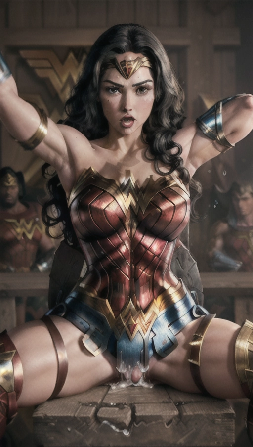 an explicit depiction of ((Wonder Woman getting fucked by a huge black man)), 1 female, 1 black male, fucking, sex, cowgirl, spectators, (cock fully inserted in pussy), balls deep, cum oozing between her legs, cum on her moth, interracial, (((tears in her eyes))), bruises on her arms