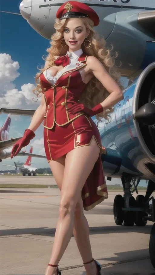 A very tall, gorgeous, happy glamorous flight attendant, (walking) outside and airplane, sleeveless red uniform and cute beret, frilly, stilettos, long curly blonde hair, (((very long longest legs))), makeup, opulence, earrings, red neck ribbon, mascara, eyelashes, lipstick, blusher, eyeshadow, stunning, tanned oiled shiny skin, white gloves