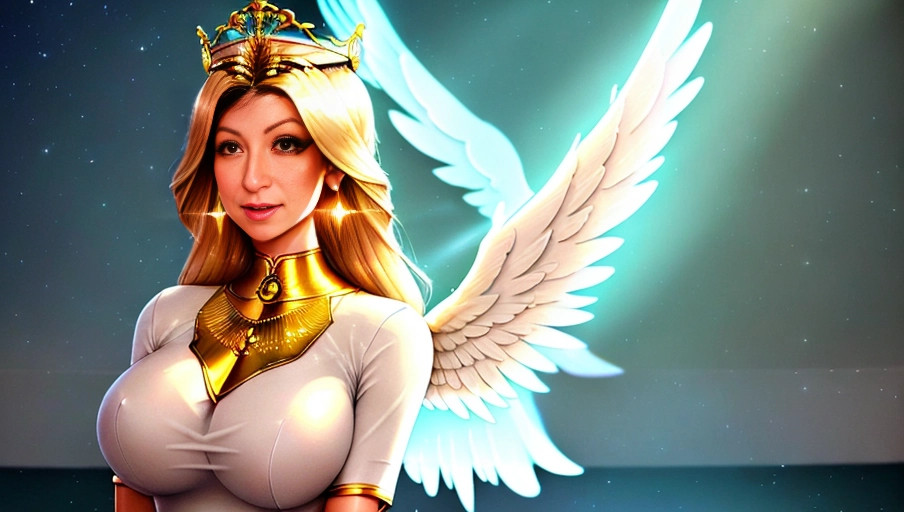a 64k high detailed photo of body shot of straight Female HDR Professional ((In clothing))) ((Has Attire)) Godly Ultra Detailed Best Quality Most Detailed ((Angel Wings)) Angelic Lighting Love Hope Magic casting Crown Smiling Queen happy Glory Warrior Angels Angelics Positivity Happiness ecstasy enraptured sweaty saving God Royalty Morality Goodness True Good Power Force Authority Ethical Saviour Halo short Hair Always and Forever Sentimental in heat hot ultra hot best best lighting tantric Neutral Brilliant Logical Compassionate Perfect Perfection Exciting Integrity Winged Courage Purity Harmony Beauty mark on upper lip ((Female)) Ethereal Lighting Celestial Lighting (((With Clothes))) ((With God Item)) ((God Tech)) with items of power God Wings Happy Expressive
