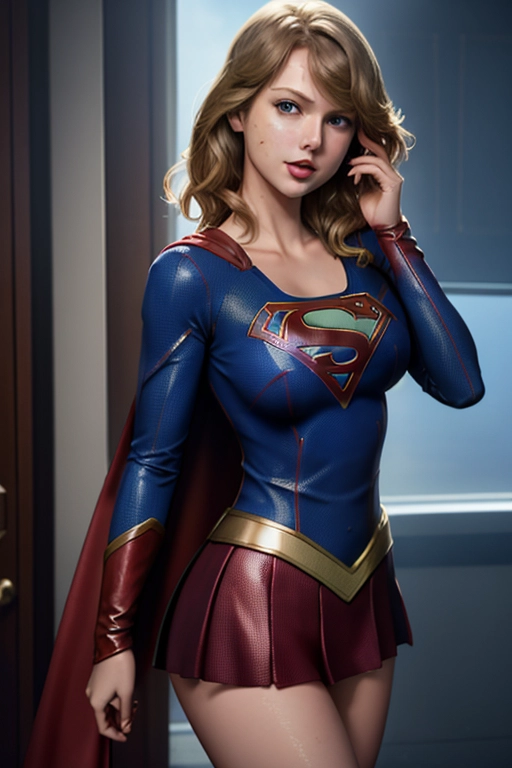 Supergirl with Taylor swifts face (ecstatic:1.2), suck on my breasts, (outfit:1.4), nice (breasts:1.4) with nice nipples, dynamic scene, 8K, digital photo, (cum:1.4), (slut:1.3), centred, high heels