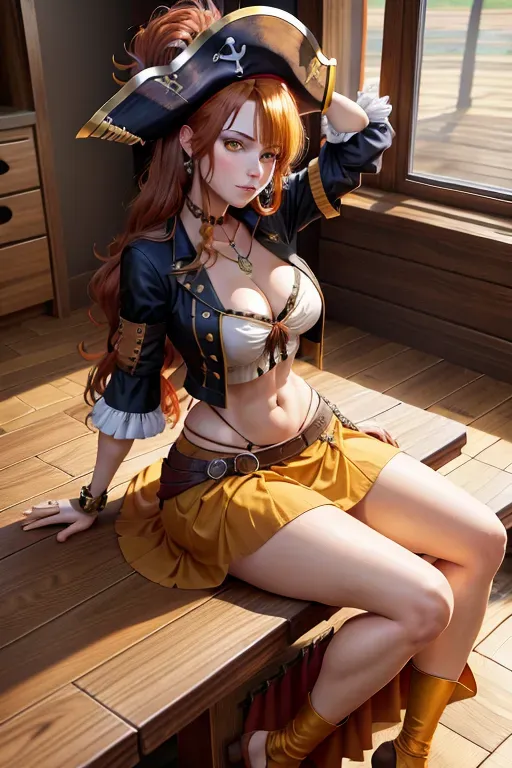 Auburn hair, yellow eyes, pirate hat, pirate girl, long skirt, no panties, wood floor, indoors, sitting on a table, simple background, pubic hair,