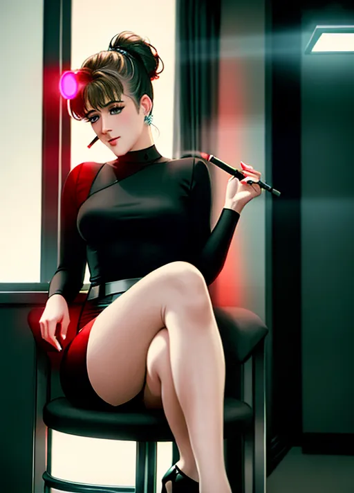 A charcoal and pastel drawing of, ((Sean Young)) as (Rachael from Blade Runner), sitting curled in a chair, in a dark room, ((night in the city)), neon high-rise streetscape outside second-floor window lights the scene, cinematic side lighting, wearing a fitted blouse, pencil skirt, silk stockings, black strapped high heels, looking at viewer, holding a lit cigarette between index and middle fingers, cigarette is white with brown filter, cigarette angled 45 degrees vertical, glowing red coal, smoke visible in backlight, low light, window provides light from cyberpunk nightscape, soft focus, detailed face and cigarette, cyberpunk meets film noir,