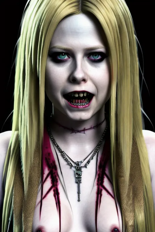 (Avril Lavigne), nude full breasts, ultra detailed face, 64k, vampire, razer sharp teeth, big vampire teeth, blood on teeth, squinting menacing eyes, evil expression, dark alley, body modification, ultra detailed body image, 4k, ultra realistic, photo realistic,upper body portrait,