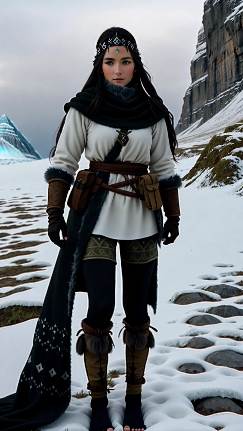full-body image of a fit tan thin beautiful barefoot German adventurer woman with long hair wearing medieval adventurer attire while exploring an icy tundra, (beautiful petite feminine feet: 1.2), (barefoot: 1.3), (wearing black medieval adventurer attire: 1.2), (long dark hair: 1.2), (German woman: 1.3), (icy tundra: 1.3), (black toenails: 1.2), (gloves: 1.2), (tights: 1.2), (enchanted markings on feet: 1.3),
