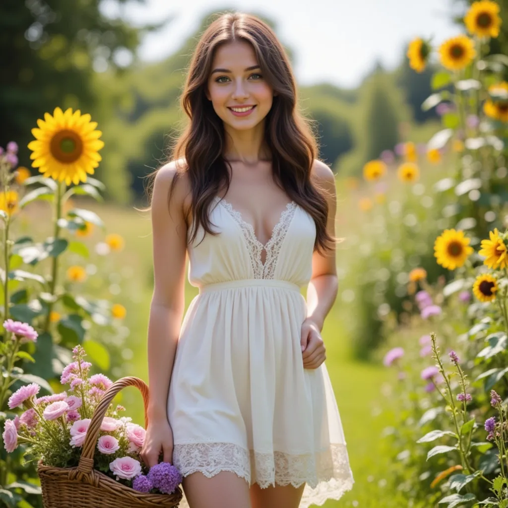 "Create an image of a stunning, 25-year-old young woman standing in a lush, sun-drenched garden on a warm summer day. The model should be dressed in a flowing white sundress with intricate lace details at the neckline and delicate floral patterns adorning the hem. Her long, dark hair should be loose and cascading down her back, with a few stray strands framing her heart-shaped face.
Her eyes are bright blue and sparkling with a radiant smile that showcases perfectly aligned teeth. She has a slender yet athletic build, standing confidently with one hand on her hip and the other holding a wicker basket overflowing with freshly picked flowers.
The background of the image should be teeming with vibrant colors and lush textures, featuring an assortment of blooming wildflowers, verdant foliage, and towering sunflowers that stretch towards the sky. The overall atmosphere should exude warmth, serenity, and carefree joy, capturing the essence of a perfect summer day.
In terms of composition, place the model at the center of the image, with her gaze directed upwards towards the vibrant flowers above. Use a shallow depth of field to emphasize the subject's beauty and blur the background slightly, creating a sense of intimacy and isolation.
The color palette should be predominantly pastel-hued, with shades of pale pink, lavender, and mint green dominating the scene. Accentuate the model's features with subtle golden highlights, giving her an ethereal glow that complements the soft colors around her."
This prompt aims to evoke a serene and idyllic atmosphere, capturing the beauty and vitality of the young woman in the midst of a stunning natural setting.