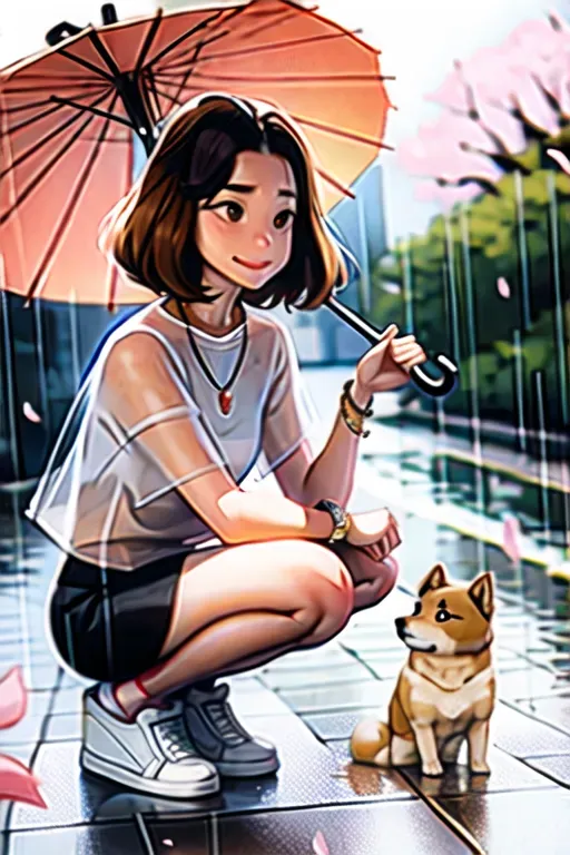 sam yang, 1girl, animal, bird, blurry, blurry background, brown eyes, brown hair, cherry blossoms, dog, full body, holding, holding umbrella, jewelry, looking up, medium hair, necklace, rain, shiba inu, shoes, short sleeves, smile, sneakers, solo, squatting, transparent, transparent umbrella, umbrella, watch, wristwatch , ((masterpiece)) <lora:dpmg_sam_yang:1>