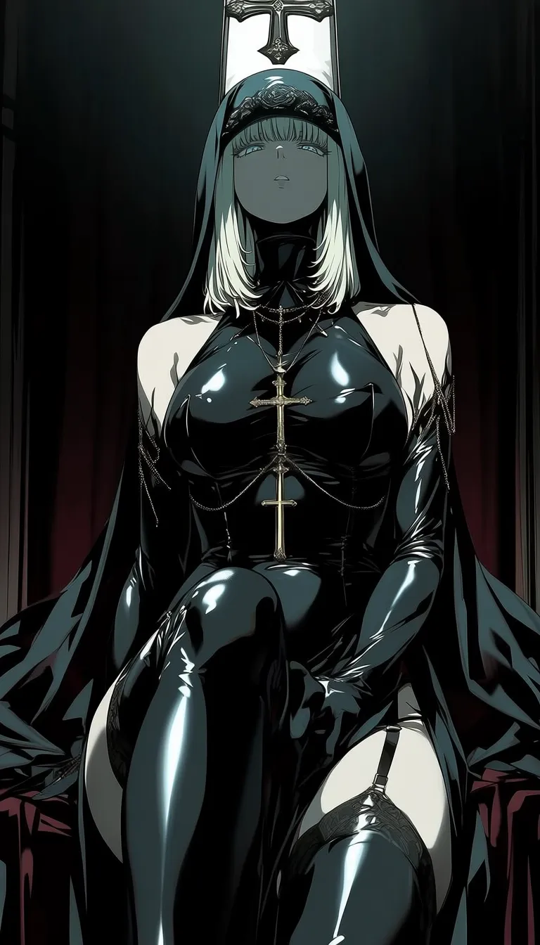 dark_art_style, 1girl, solo, alone, nun, cross necklace, masterpiece, highres
