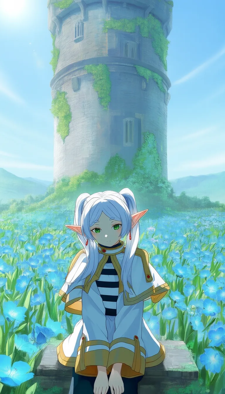 frieren, sousou no frieren, elf, green eyes, white hair, twintails, striped clothes, white capelet, full body, sitting in a flower field on top of an overgrown castle tower, blue flowers, outdoors, sunlight