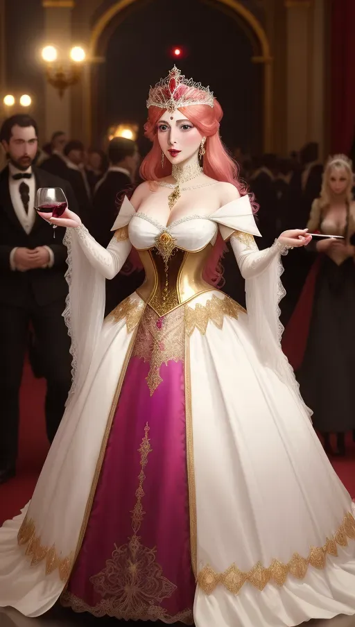 amidst the revelry of a grand late 1800s masquerade ball, a clumsy servant trips spilling red wine on beautiful ginger haired Queen Anna of Arendelle wearing a satin, pearl and gold mask, and a pristine white heirloom ball gown. An opportunistic Marquies De Sade looking on. photorealistic. High resolution