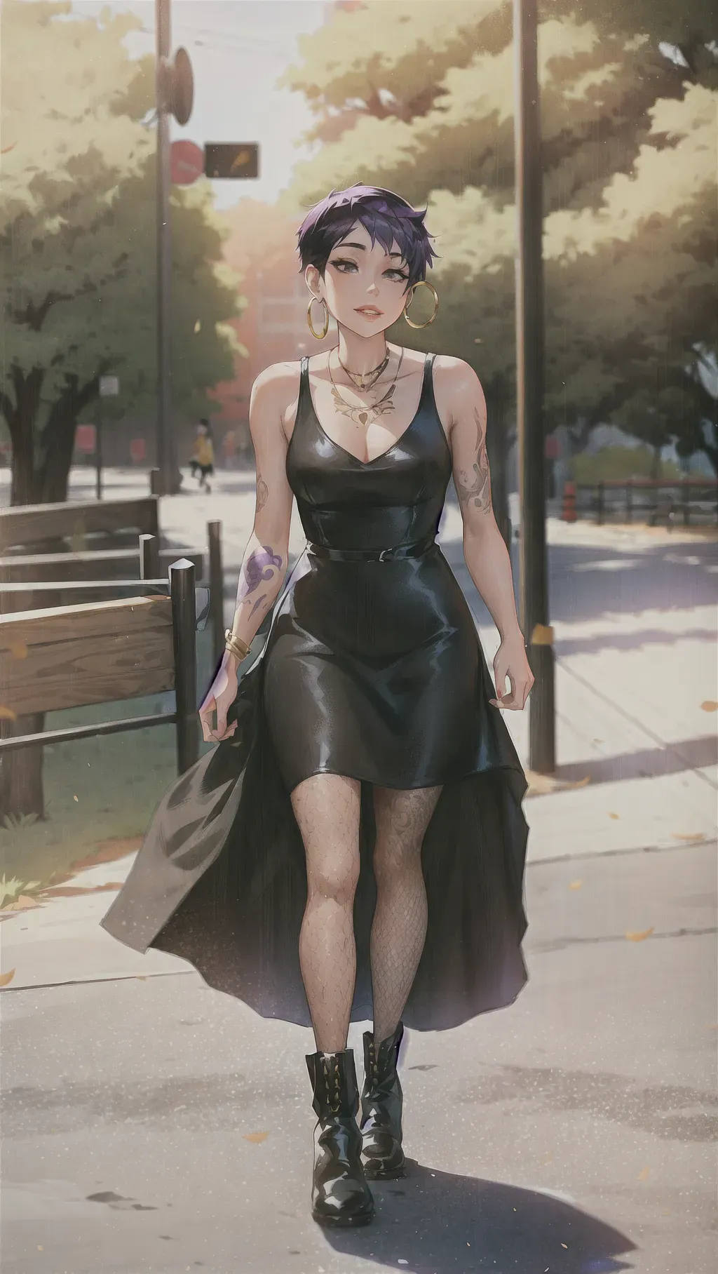 Girl with short purple hair, walking in a park, wooden fence
trees, gold hoop earrings, long black dress, leather boots, tattoed, fishnets, <lora:dpmg_sam_yang:1>