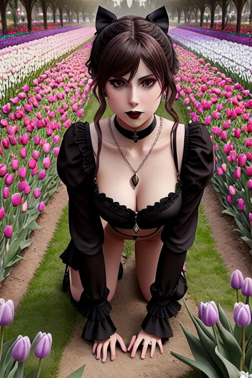 a concept art of,violet evergarden,wearing goth clothes,all-fours,in a tulip garden,five fingers per hand,ponytail,gorgeous face,beautiful lips,brown eyes,curved eyebrows,wearing necklace,surreal,cinematic lighting,bokeh,artstation,smooth
