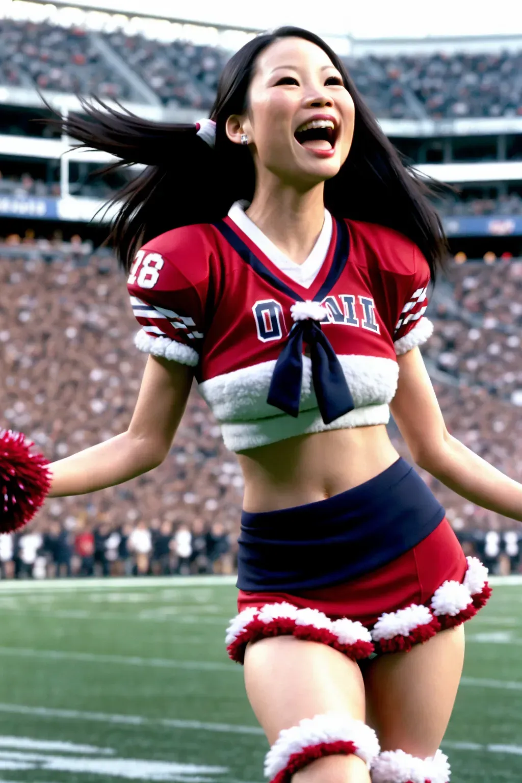 Dopamine Girl - Lucy Liu, young, cheerleader outfit, sexy, with pom poms,  laughing, at a football game looking at the camera DRz04Yowqz1