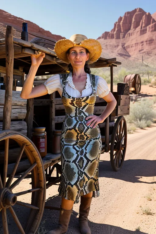 Beautiful 30 years old woman, Caucasian, dressed as a snake oil salesperson in 1830 Arizona mining town, has old wagon full of tinctures and ladnum