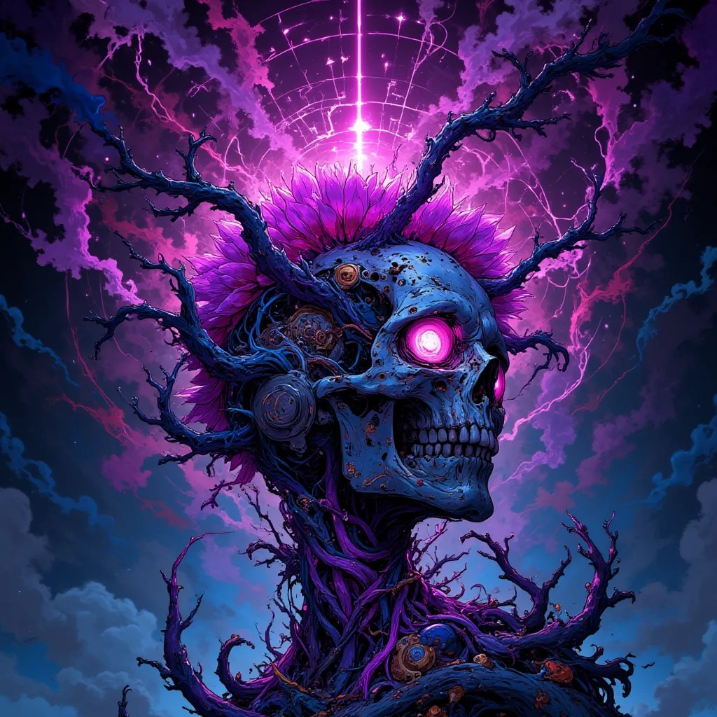 VibrantlySharp style,
animeniji,
3pic_vist4,, A biomechanical skull draped in velvet tendrils, its cranium split open like a blooming flower. From the center erupts a twisting root system of glowing purple veins, weaving through decayed circuitry. Its eye sockets emit fractured beams of pink lightning, warping the space behind it into blooming symbols.
,