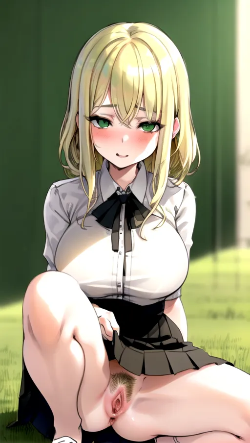 Sketch, nude, green eyes, blonde hair, bangs, cute, young, ((pubic hair)), (((busty))), 18yo, laying down, squatting, ((pussy in view)), skirt
