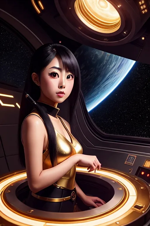 a oil painting of,haruka fukuhara,wearing mage clothes,in the space station,five slender fingers,fishtail hair,gorgeous face,beautiful lips,black eyes,curved eyebrows,curved eyelid,textured skin,erotic,wearing golden ring,studio lighting,surreal,smooth,ultra realistic,cgsociety