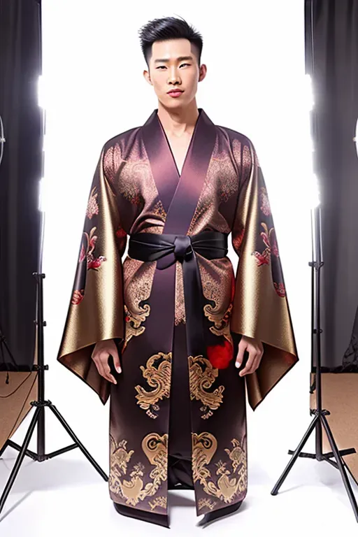 medium shot, 20 year old, an devil, fit, kimono, metallic, photo studio, day time, studio light, happy, 8k, professional