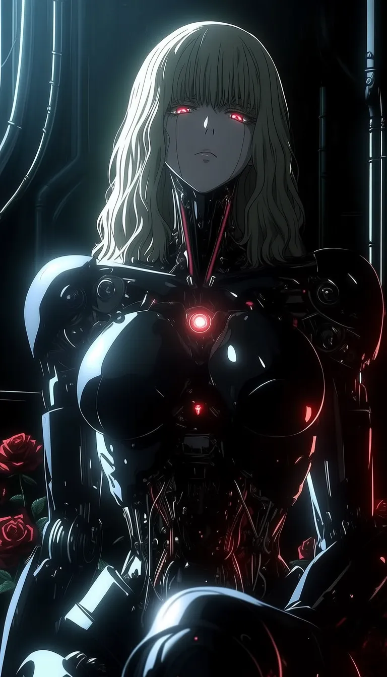 dark_art_style, 1girl, solo, cyborg, android, mechanical body, robotic parts, cybernetic, biomechanical, detailed machinery, exposed joints, glowing core, chest core, long hair, blonde hair, wavy hair, red eyes, sad expression, melancholic, looking at viewer, roses, red roses, flowers, contrast, delicate and mechanical, futuristic, sci fi, cyberpunk, industrial background, pipes, metal, high detail, intricate, cinematic lighting, soft lighting, moody atmosphere, anime style, masterpiece, best quality