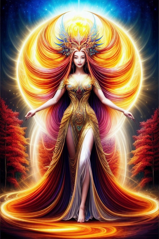 In this breathtaking masterpiece, a hyper realistic image comes to life, showcasing the ultimate nine-tailed fox girl a radiant being of otherworldly beauty and power. The artwork embraces hyper maximalism, every inch of the composition bursting with intricate details that captivate the viewers imagination, The nine tailed fox girl stands gracefully amidst a mystical forest, her lithe form exuding an air of ethereal elegance, Her long, flowing locks cascade like molten gold, shimmering with an inner glow that hints at her celestial origins, Each strand is meticulously rendered, capturing the play of light as it dances across the silky strands, big round firm breasts,<lora:dpmg_add_detail:1>