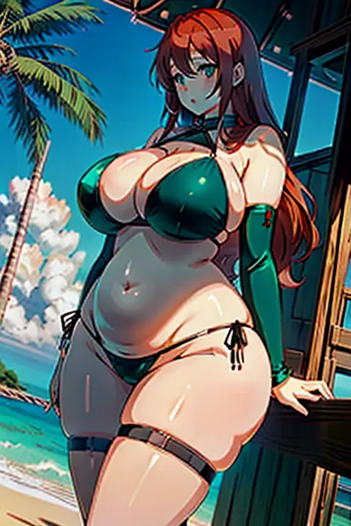 a photo shot of, anime girl, giant breasts, thicc, hourglass, pale, huge boobs, huge milkers, red hair, green eyes, fat tits, biggest breasts, bikini, ahegao