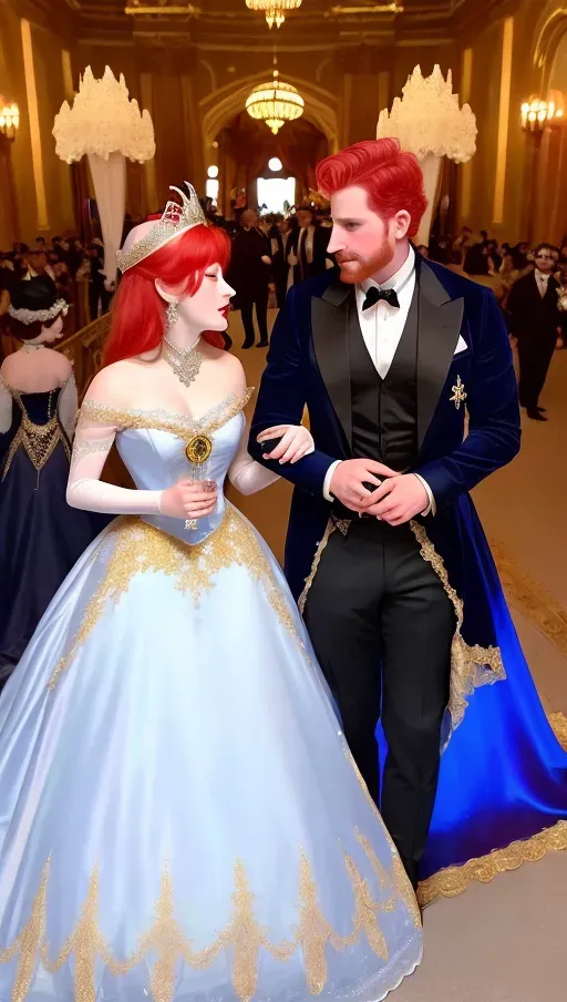 amidst the revelry of a grand late 1800s masquerade ball, a clumsy servant trips spilling red wine on beautiful, auburn haired, round wide blue eyed Queen Anna of Arendelle wearing a satin, pearl and gold mask, and a pristine white heirloom ball gown. An opportunistic Marquies De Sade looking on. photorealistic. High resolution