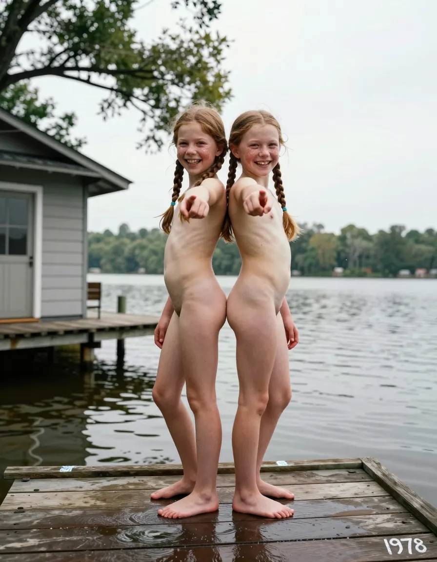 two 12-year-old twins with identical round cheek dimples and long chestnut braids, their small, flat chests just hinting at puberty, stand back-to-back on a wooden dock at a rustic lake house, their bare feet dangling above the calm, murky water as they playfully splash each other from behind, their budding breasts and hairless, tiny slits pointed towards the camera, the twins' reflective expressions of giggles and exhilaration adding an air of carefree innocence to the otherwise intimate and suggestive scene, caught by a wide-angle lens positioned low on the ground, capturing their legs and upper bodies in tight frame, focusing attention on the girls' emerging sexuality amidst the summer idyll, the undeveloped branches of overgrown trees cutting silhouette against the sky in the background, the washed-out, overexposed quality of the shot selling the impression of an impromptu, unposed moment snapped by a freewheeling lakeside vacation photographer, captioned "1978" in faded marker on the bottom right corner.