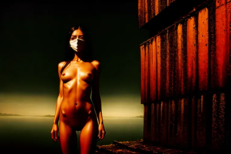 A surreal photo, thinspo, masked, large realistic eyes, wide hips, female, prominent hipbones, torso in frame, six pack, (thinspo),large breasts, bimbo, abs, busty, skinny, nude, long flowing hair, ((ab veins)) , wet skin, trypophobia, full head and torso in frame, in the style of beksinski