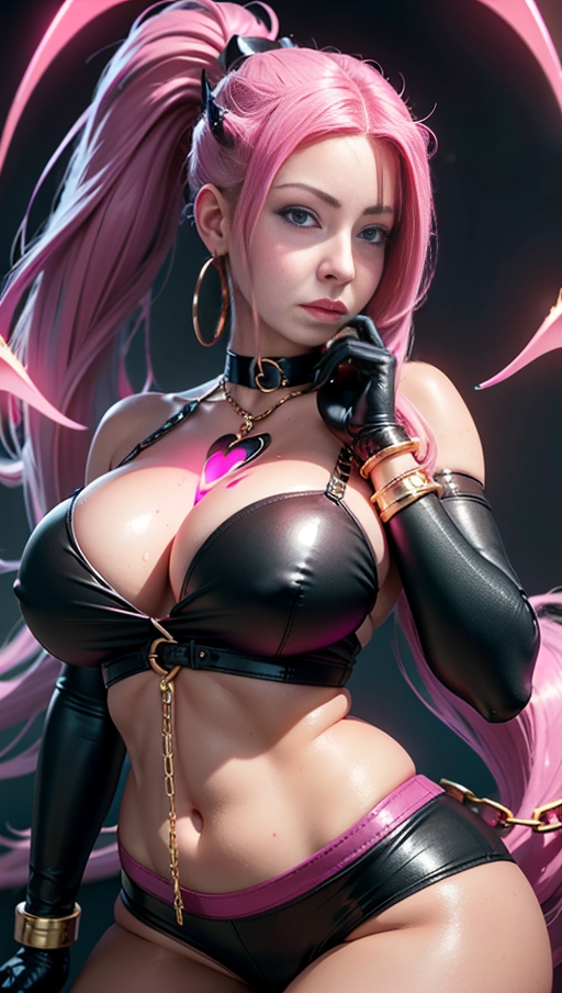 best quality, (((ultra high res))), (((detailed face and eyes))), (perfect face), big shining heart choker, earrings, jewelry, (((big glowing succubus mark))), ((((big glowing succubus bodymark)))), (((conjuring))), (witch), ((long voluminous hair)), (((black gloves))), ((pink hair)), straight hair, (((golden bracelet))), ((single ponytail)), (((huge hair cuff))), ((skintight crop top)), ((face closeup)), purple, (burgundy red lipstick), (((neckholder top))), (((chained)))
