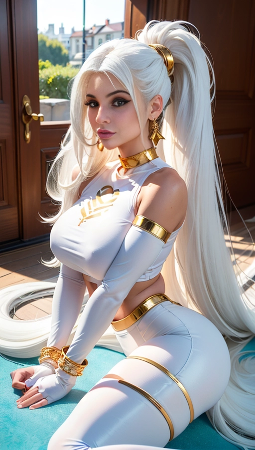 best quality, (((ultra high res))), (((detailed face and eyes))), (perfect face), big shining heart choker, earrings, jewelry, ((long voluminous hair)), (((golden gloves))), ((((white hair)))), ((single ponytail)), ((((straight hair)))), (((golden bracelet))), (((huge golden hair cuff))), (((skintight golden crop top))), (lipstick), ((((neckholder)))), (((skintight))), ((old mansion)), (((her very long hair is going down to the floor))), ((((face closeup)))), (Kylie Jenner), ((golden sleeves)), ((face very close))