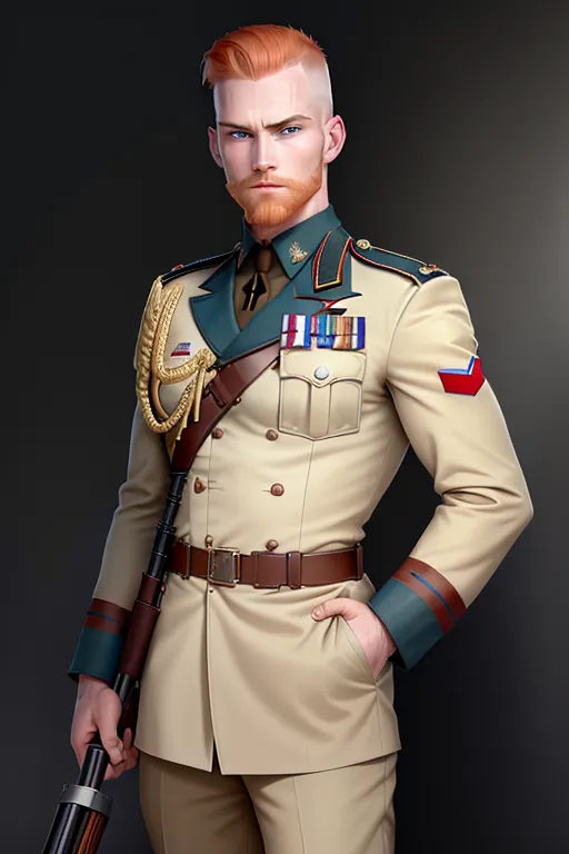 Soldier, French Foreign Legion, Sargent rank, strong, tough, shaved head, pale skin, angry eyebrows, handsome blue eyes, small nose, strong cheeks, full ginger beard, strong chin, french military field uniform, French military barret, tactical, standing aiming a realistic AR15 rifle, battle, high definition, 4k quality, excellent lighting, great shading, pristine detail, very clear picture, vibrant colors, accurate at lower promp guidence, ultra realistic, five fingers per hand.