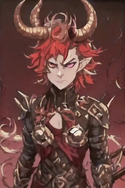 best quality, masterpiece, solo, solo guy male tiefling, bright golden brown
hair, golden brown color hair, curled horns devil, hell armor, holding battleaxe, chrome shiny battleaxe, androgynous haircut, imp demon , dark paladin, chain main shirt, battle axe wielder, warrior, warrior of hell, demon tiefling, hell red power, curled horns, illrigger, armored, 1 male tiefling only, demon, flat chest, posh , leather armor, well groomed, elf ears , jackal imp creature , horns, armored jacket, solo, sharp jagged tail, humanoid, heterochromia, green eye, red eye, determined look in eyes, masterpiece, colorful shirt, short length hairstyle single strand of hair curls on top of head, antenna hairstyle imp demon, ,cute look in eyes, imp demon ,red horns, heterochromia, masterpiece anime style