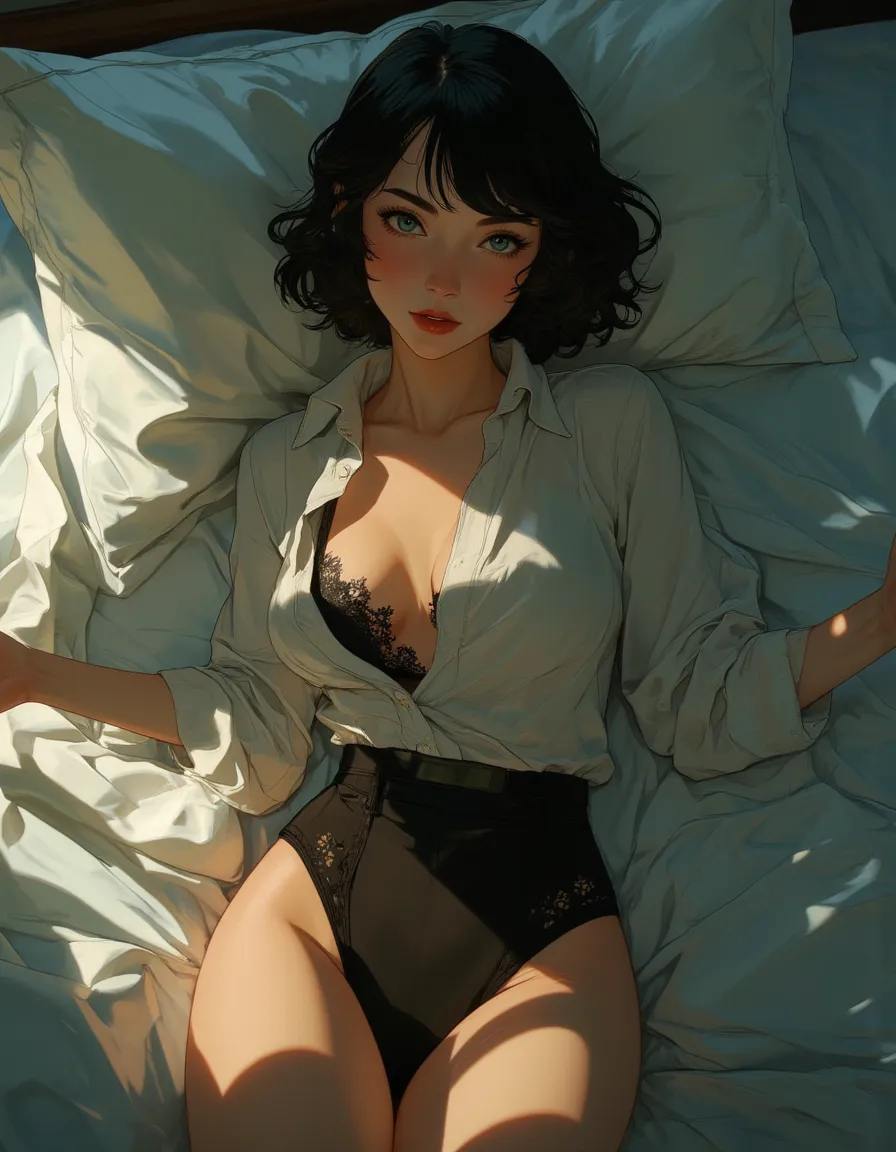 Anime-inspired image of a 21-year-old woman, medium-length black hair, side bangs, captivating blue eyes, toned physique, medium bust in disarrayed maid outfit. Unbuttoned shirt reveals black lace underwear. Arms out, shy gaze towards the viewer. Soft, ambient light, focus on satin sheets, delicate undergarment details, subtle skin texture.