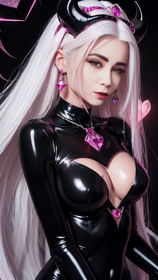 best quality, (((ultra high res))), (((detailed face and eyes))), ((perfect face)), (big shining heart choker), earrings, jewelry, (conjuring), witch, ((very long voluminous hair)), ((((white hair)))), ((((black skintight neckholder)))), ((((pink lipstick)))), ((black long sleeves)), ((glowing heart)), (((demon mark))), ((((straight hair)))), (((Kylie Jenner))), (((((very very long hair))))), (((perfect face and eyes))), (((straight hair))), (black latex suit), ((succubus)), hearts, dark background, (((face closeup))), ((((pink diamond diadem)))), (black demon horns), (((jewelry diadem))), ((wet hair))