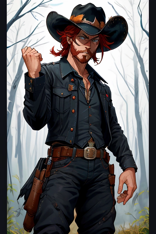 Old wild west, A badass cowboi riding his badass horse, US Marshall, black cowboi hat with white band and a feather, red hair, red beard, sharp blue eyes, gritting teeth, strong chin, a scar across his face, strong build, black cowboi outfit, long brown trench coat, black boot cut pants, two six shooter revolver pistols, one gun drawn, the other gun is in the holster, two gun holsters, gun belt with bullets line in, black cowboi boots with spurs, riding in the saddle of his black horse, in the forest, fending of a pack of wolves, ((high definition)), ((4k quality)), ((excellent lighting)), ((great shading)), ((pristine detail)), ((really clear picture)), ((beautiful vibrant colors)), ((accurate at lower prompt guidence)), ((ultra realistic)), (((five fingers per hand))), (((two arms per person))), (((two legs per person))),