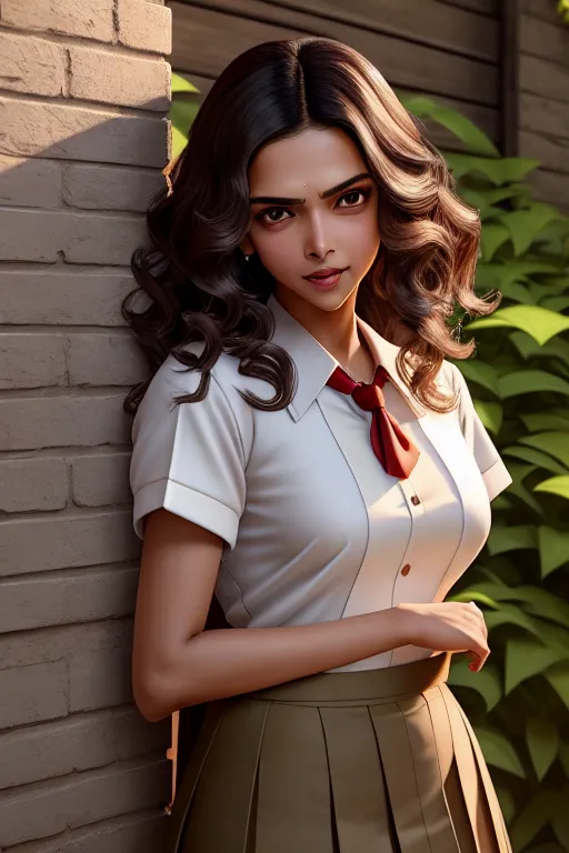 a concept art of,deepika padukone,wearing japanese high school uniform,leaning against the wall,in the garden,natural breasts,five slender fingers,wavy curtain bang,beautiful face,beautiful lips,brown eyes,curved eyebrows,textured skin,cosy,tattoo,8k,artstation,cinematic lighting,pixiv,surreal