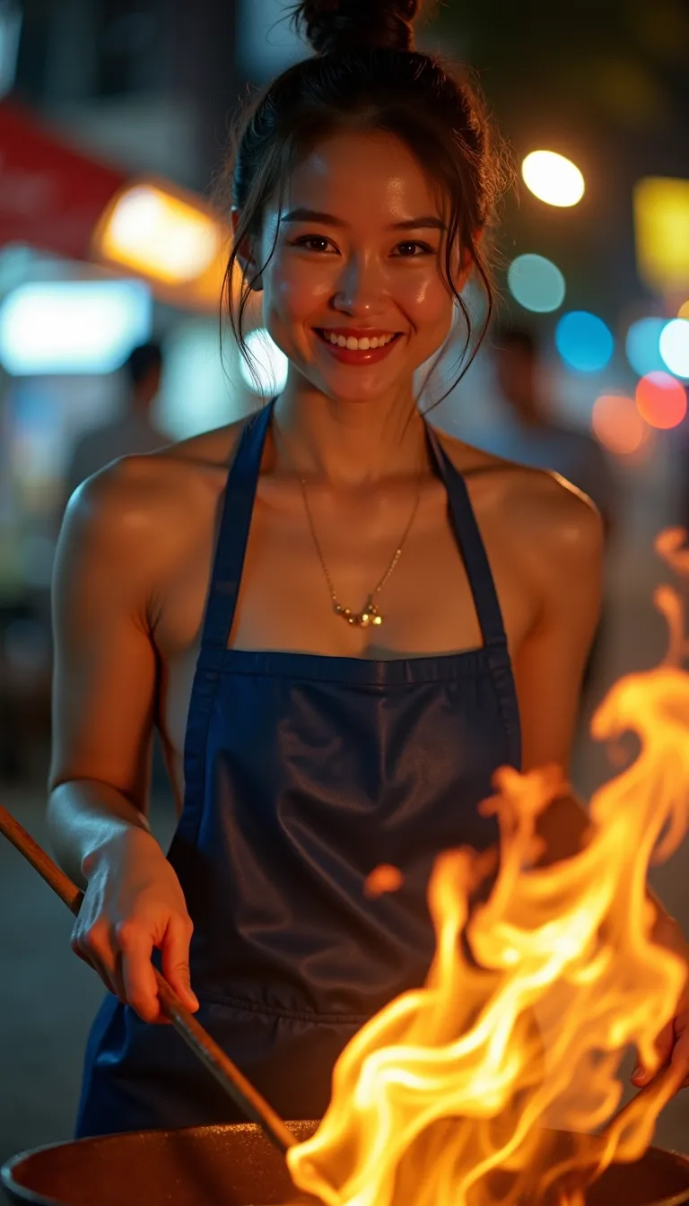 A digital professional photograph, ((front view)), (close-up face), 1 beautiful asian woman in her mid-thirties is cooking a wok on fire with ((long:1.4) chopstiks) in a street of Bangkok at sunset, (((big flames around the wok))), (blue apron with (sweat rings:1.2)), ((great smile)), highly detailed, beautiful face, perfect eyes, beautiful lips, dark hair bun, perfect small breast, athletic woman, (forehead glistening with sweat),
cinematic composition, lens flare, (nighttime:1.3), (full face in frame), photon rendering, five fingers per hand, UHD, HDR, vivid colours, bokeh, (highest quality:1.8), highest resolution, (photorealist:1.72), (photorealism:1.72), (masterpiece:1.18), 8k, --s 500 --v 6