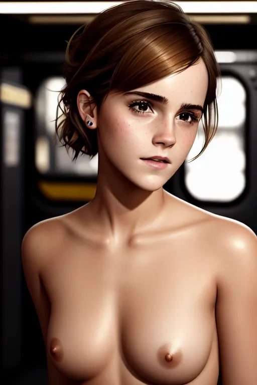 a photograph of,emma watson,naked,in the london underground,natural breasts,five fingers per hand,bangs hairstyle,beautiful face,beautiful lips,curved eyebrows,curved eyelid,textured skin,joyful,wearing golden ring,cgsociety,artstation,studio lighting,bokeh,unreal engine