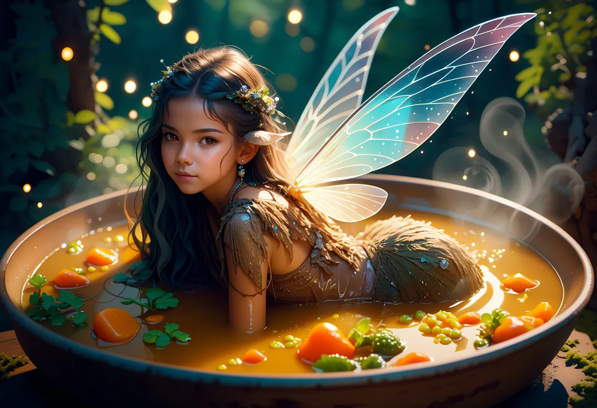 A cinematic, hyper-realistic portrait of a whimsical 18-year-old fairy girl with a youthful, slightly mischievous expression, sitting gracefully inside a large, rustic ceramic soup bowl filled with golden broth and vibrant vegetables like carrots and peas. She has long, flowing hair in a deep forest green hue, adorned with tiny sparkling dewdrops, and translucent iridescent wings that shimmer with blue and silver veins. Her wet transparent outfit consists of textured, earthy brown garments made of organic fibers that resemble tree bark and moss. The lighting is soft and magical, filtering through a dense enchanted woodland background to create a bokeh effect of glowing fireflies and dappled sunlight. The camera angle is a medium shot, capturing her serene posture as she balances perfectly in the warm liquid, with high-detail textures on her skin and the surrounding steam rising in delicate curls. The color palette is dominated by rich forest greens, warm ambers, and earthy browns, rendered in an 8k resolution style with a dreamy, ethereal atmosphere.