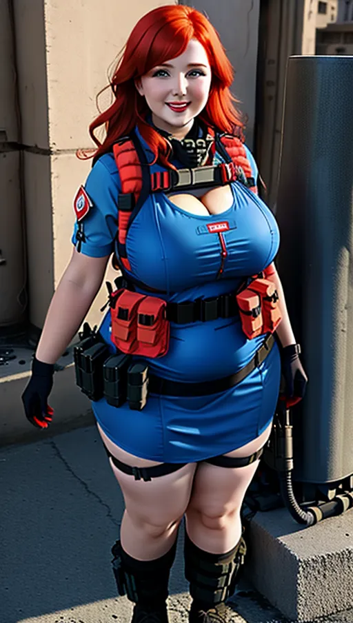 Pretty, fat european red headed woman, huge breasts, strapped with Plastic explosives, ((explosive vest)), cleavage, smiling, full body, suicide bomber, tactical explosive vest, chubby, sexy blue dress, holding detonator, ((red wires)), suicide bombgirl