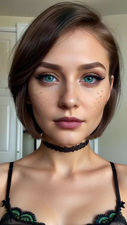photorealistic, 8k, accurate face, (((detailed face))), (((replicate inspiration face))), green and blue eyes, light brown hair
, female face, cute, 19 years old gorgeous,luxuriously short hair, lipstick,black eyeliner,black eyeshadow, lingerie, lace bow,