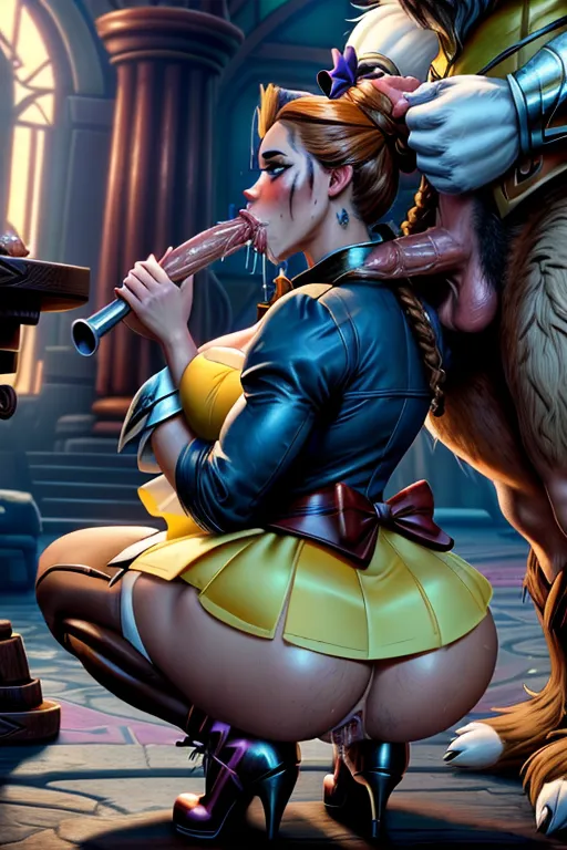 ((Belle and The Beast from Beauty and The Beast)), 1girl, 1boy, disney princess, yellew ballgown from Beauty and the Beast, large breasts, wide hips, generous ass, smiling in pleasure, mostly naked, extremely sexy, high definition, side view, squatting over, large hairy Beast on the left mostly off screen, ((Beast with a HUGE beast cock)), giant cock in mouth, ((sucking on the beasts hairy cock)), cock down throat, swallowing cock, Drooling on huge cock, ((sucking cock all the way down)), throat bulge, messy, <lora:red_tint_cheeks:1>, dpmg_side_deepthroat_v1 dpmg_runny_makeup_v1 <lora:dpmg_add_detail:1>